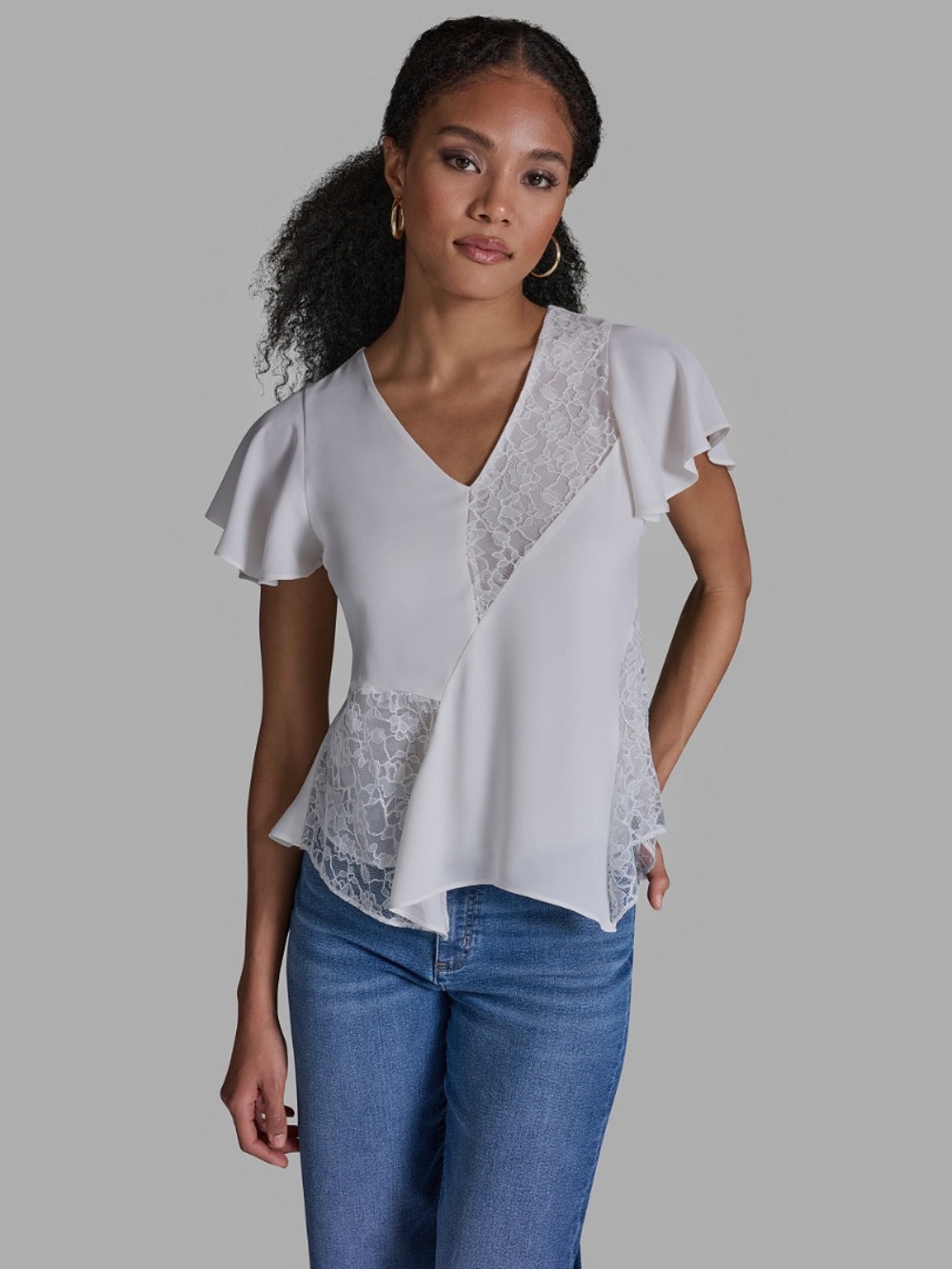 NWT BCBG Sz Large White Crewneck Flutter-Sleeve Asymmetrical Lace Top Ret $99!